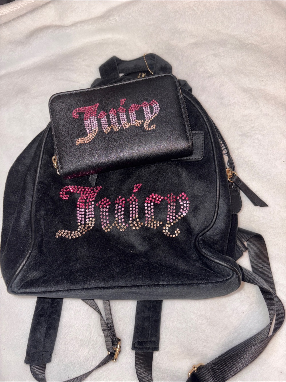 Juicy Couture Black Rhinestone Logo Backpack with Matching Wallet